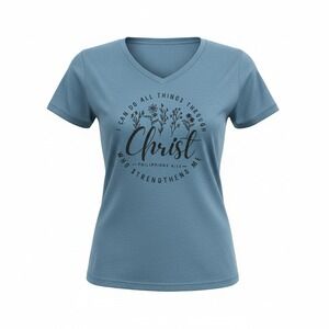 Love in Faith Women‎ V-Neck T-Shirt Philippians 4:13 Christian Blue Cotton L